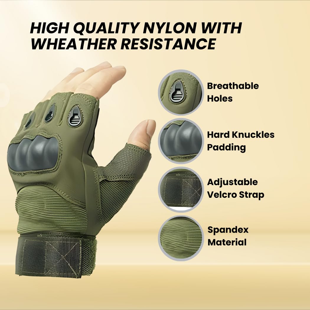 Tactical Half Finger Gloves – Hard Knuckle Sports & Outdoor Gym Gloves | Hiking, Cycling, Boxing, Motorcycle Riding, Shooting | Green